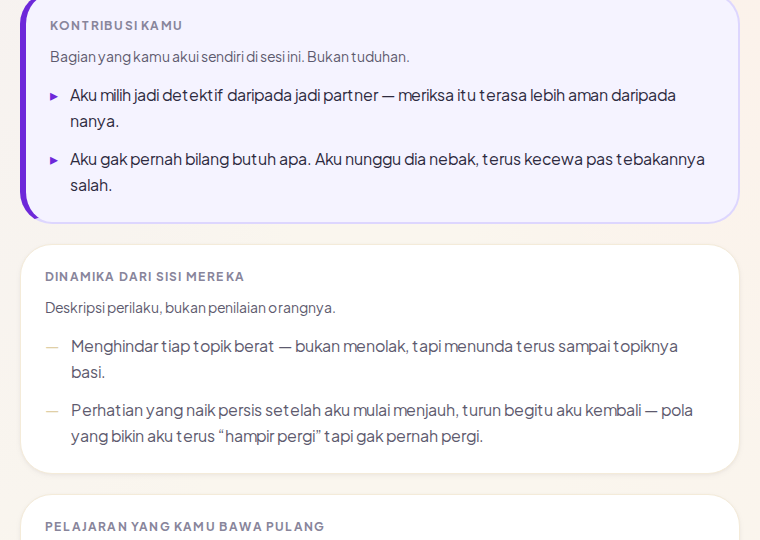 Bagian kontribusi kamu dan dinamika dari sisi mereka dalam dokumen Post-Mortem.